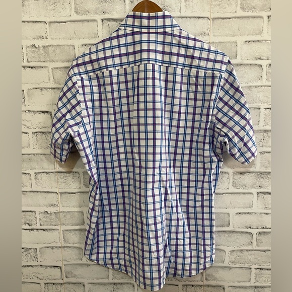 Men’s Tailorbyrd white w/ blue/pink plaid short sleeve button down shirt, Med - Picture 2 of 4
